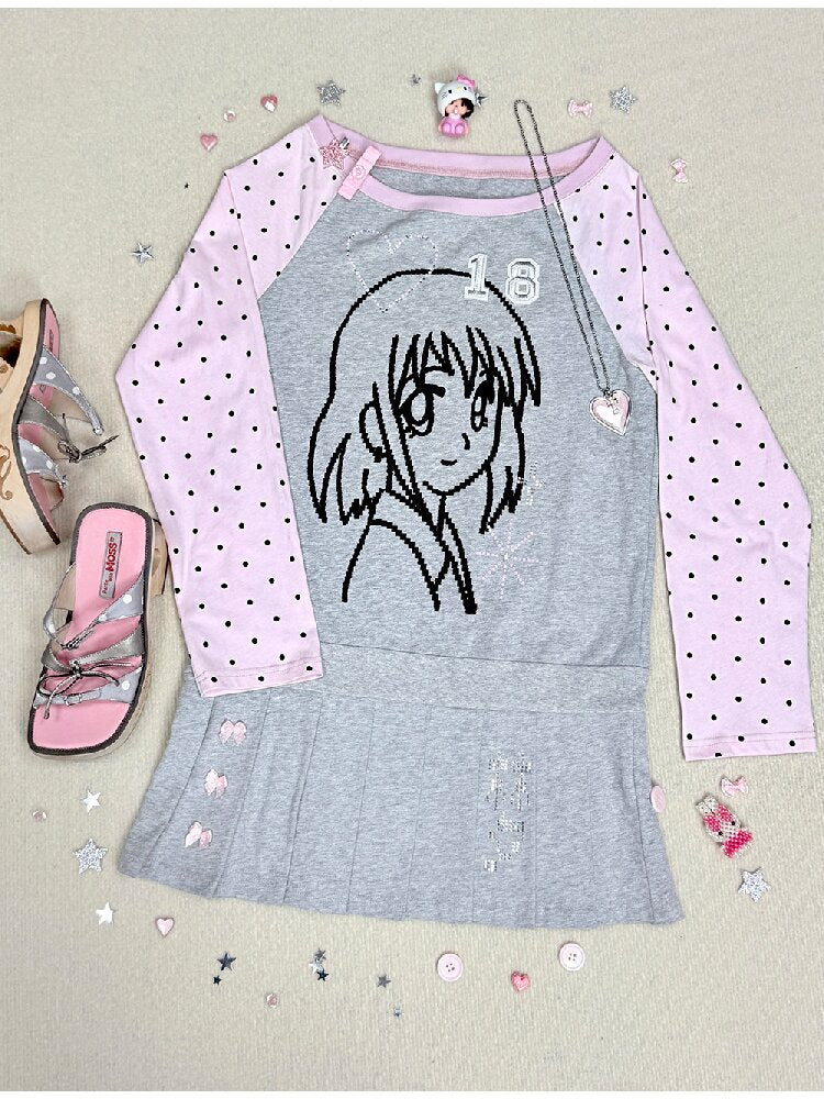 Pink Gray Pixel Pleated Dress【s0000016545】