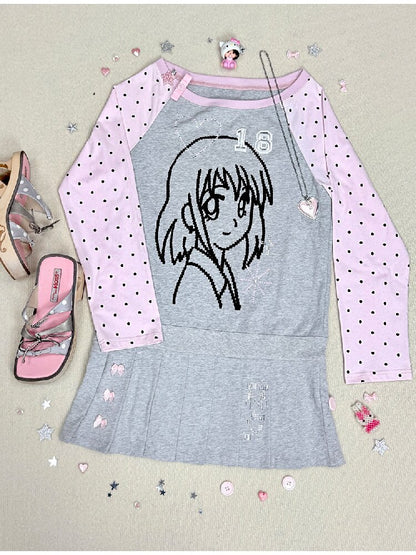 Pink Gray Pixel Pleated Dress【s0000016545】
