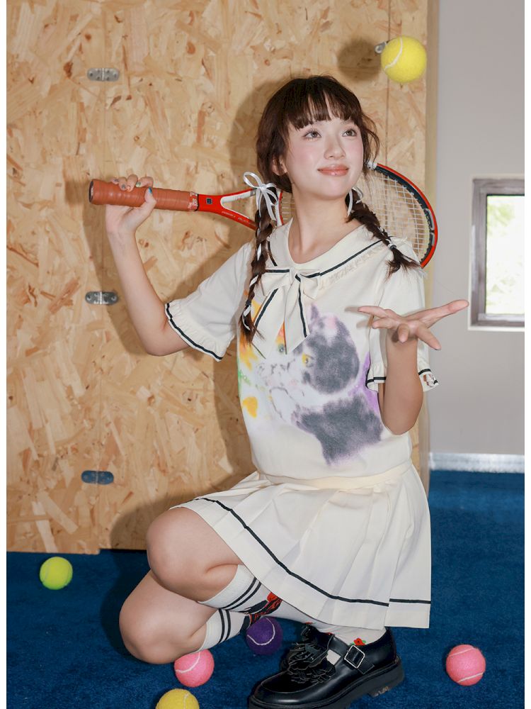 Kitten Printed Navy Neck Short Sleeve Half Dress【s0000013339】