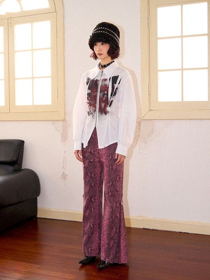 Drop Shoulder Waisted Printed Long Sleeve Shirt【s0000011641】