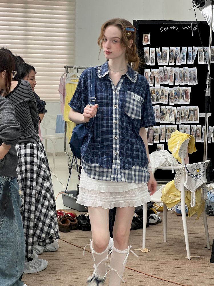 Plaid Patchwork Short Sleeve Shirt【s0000012230】