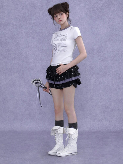 Black Purple Print Cake Culottes【s0000016650】