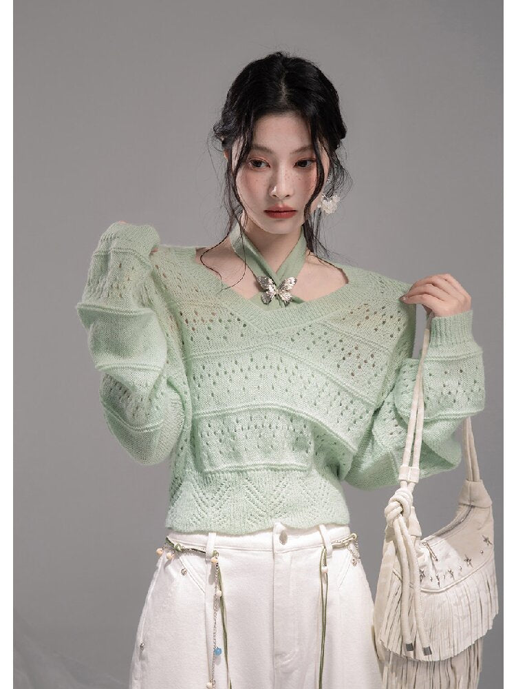 Openwork Woolen Halterneck Set【s0000015746】