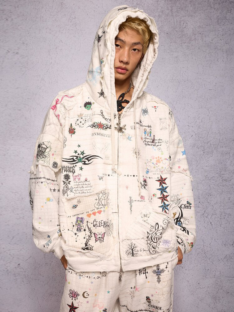 Torn Manuscript Print Sweatshirt Jacket【s0000018735】