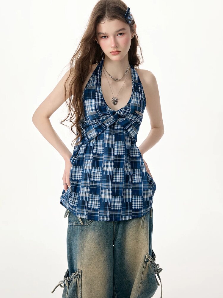 Plaid Twisted Halter Camisole【s0000017309】