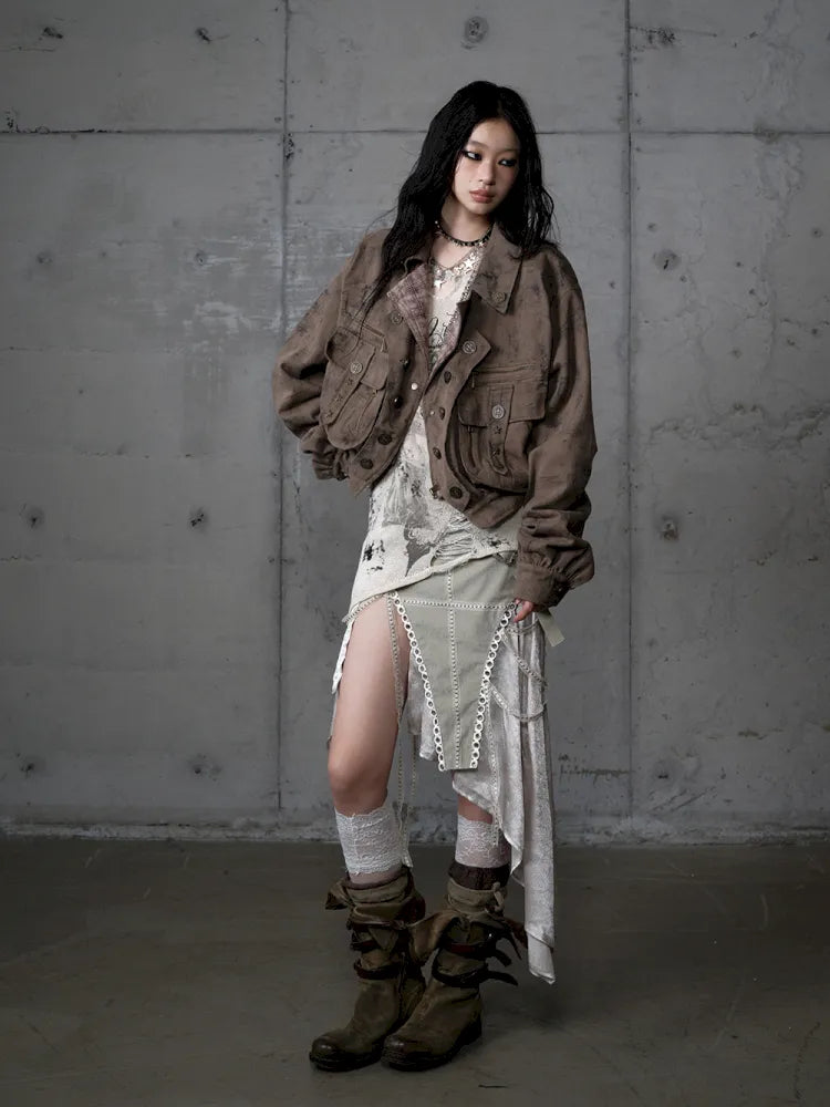 Plaid functional distressed dirty jacket【s0000014114】