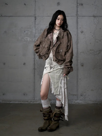 Plaid functional distressed dirty jacket【s0000014114】