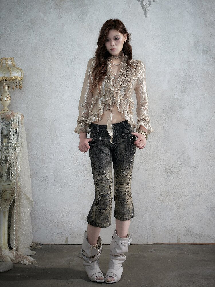 Rhinestone Three-Quarter Jeans【s0000017983】