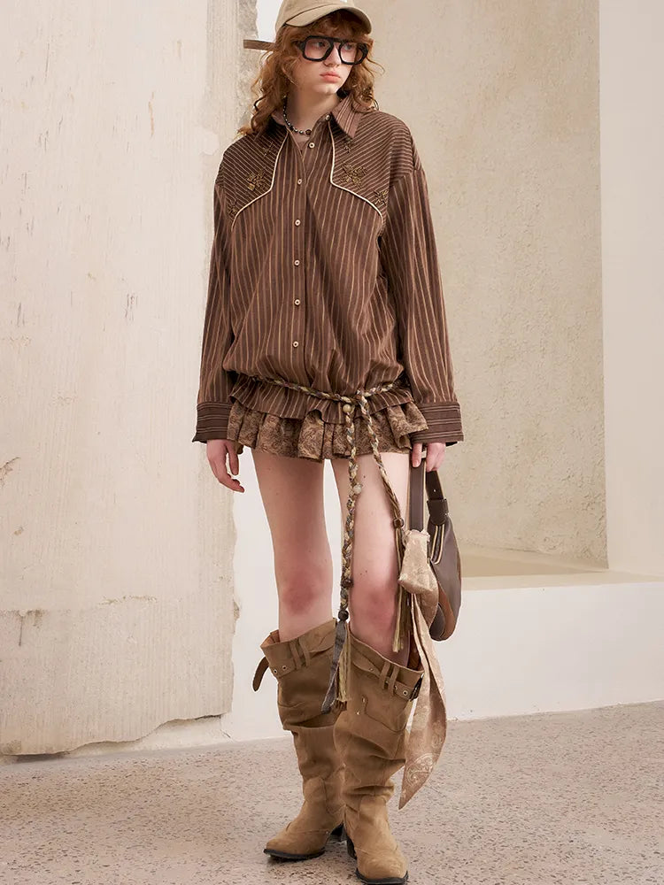 Velvet Beaded Contrast-Striped Vintage Shirt【s0000014079】