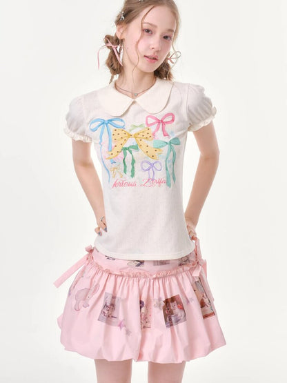 Puff Sleeve Bow Print T-Shirt【s0000016617】