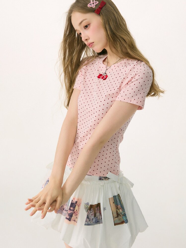 Polka Dot Bow Slim Short Sleeve T-Shirt【s0000016854】