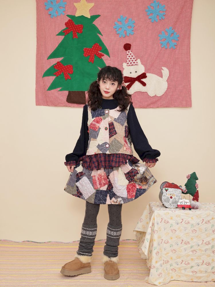 Christmas-inspired vest and half-skirt set【s0000011197】