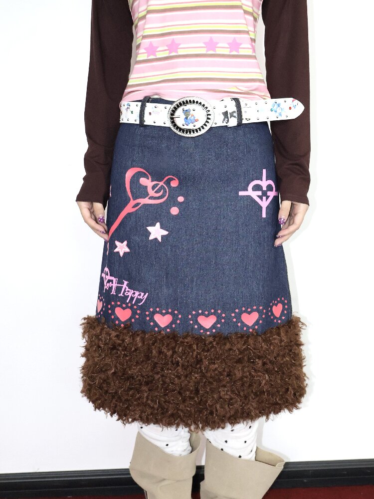 Heartbeat Print Denim Fleece Skirt【s0000018670】