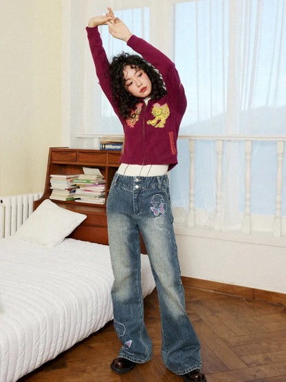 Butterfly Embroidered Slightly Flared Jeans【s0000013987】