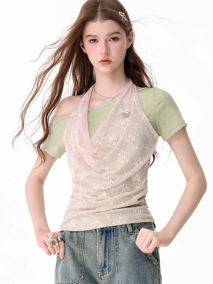 Fake Two-Piece Patchwork Lace Short T【s0000017682】