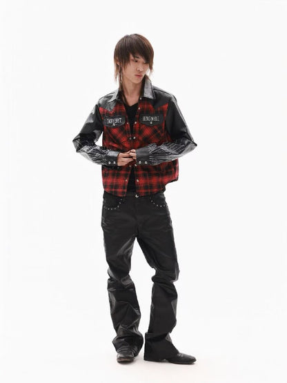 Embroidery Slogan Plaid Leather Jacket【s0000018353】