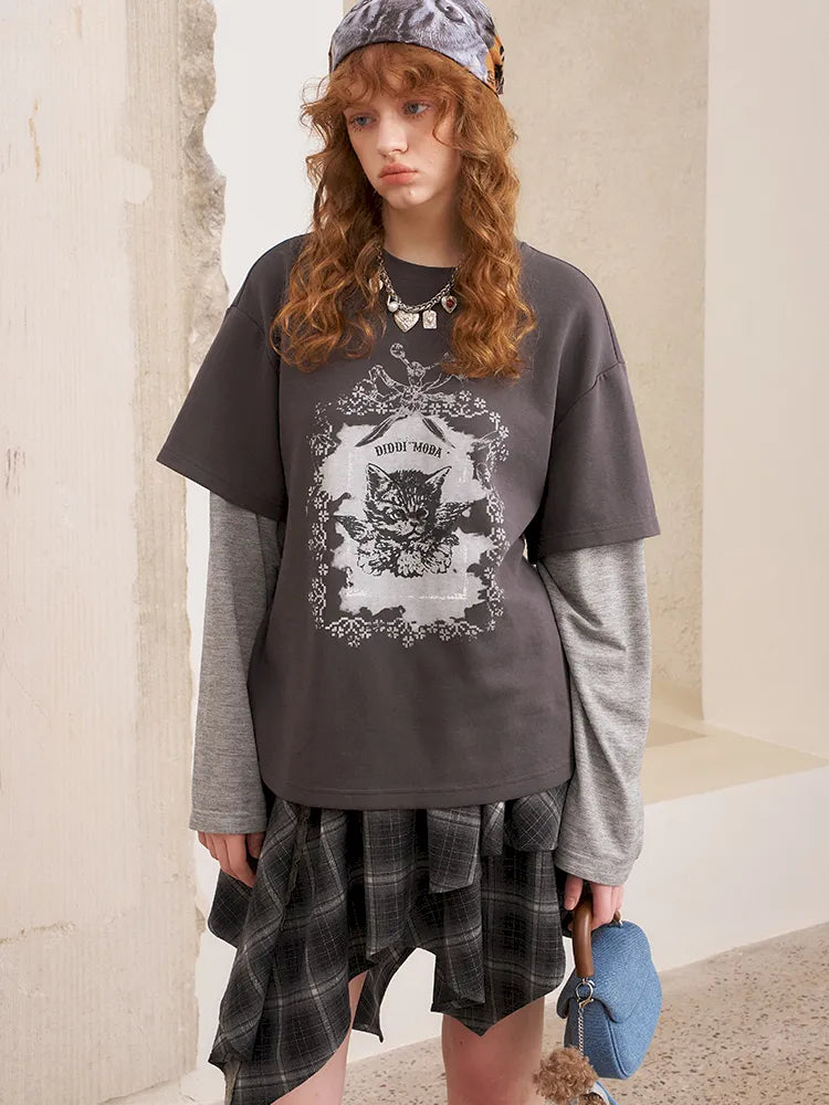 Oversized Faux Two-Piece Long-Sleeve T-Shirt【s0000014047】