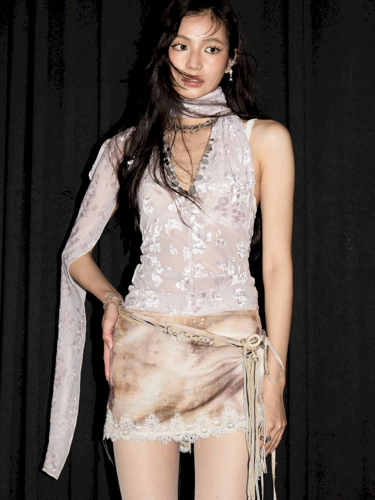 Asymmetric Velvet Jacquard Scarf Ves【s0000013207】