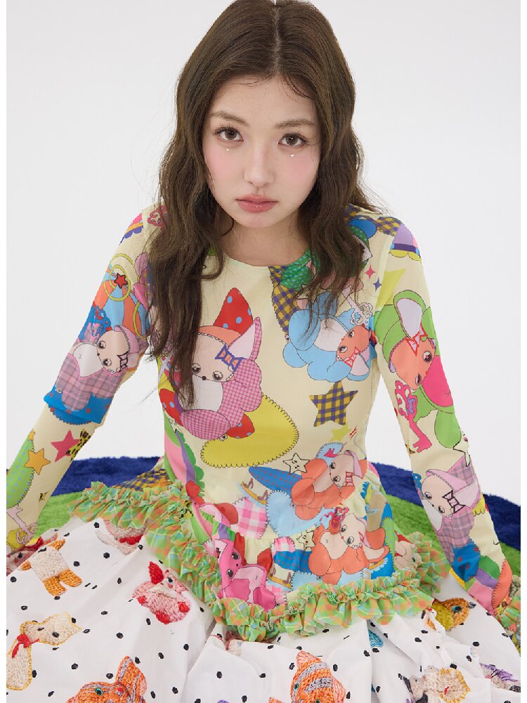 Two Color Cartoon Mesh Lace Top【s0000016197】