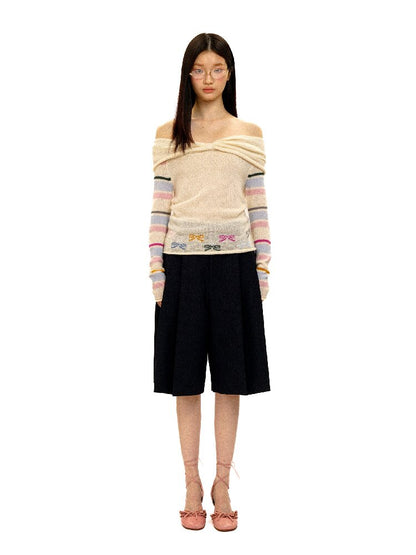 Contrast Striped Bow Knit Sweater【s0000016109】