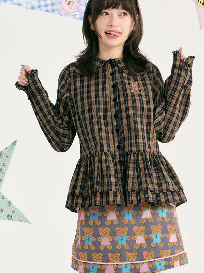 Plaid Embroidered Ruffled Shirt【s0000018726】