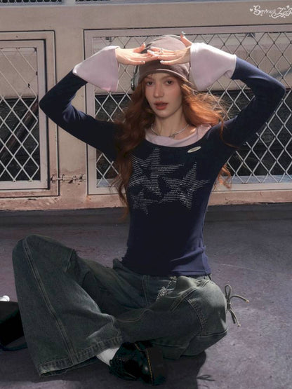 Star Print Dark Blue Long Sleeve T-Shirt【s0000014361】