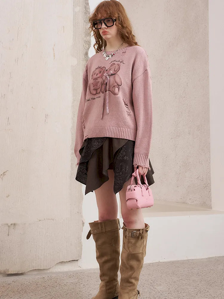 Kiss Bear Print 3D Bow Ripped Sweater【s0000014077】