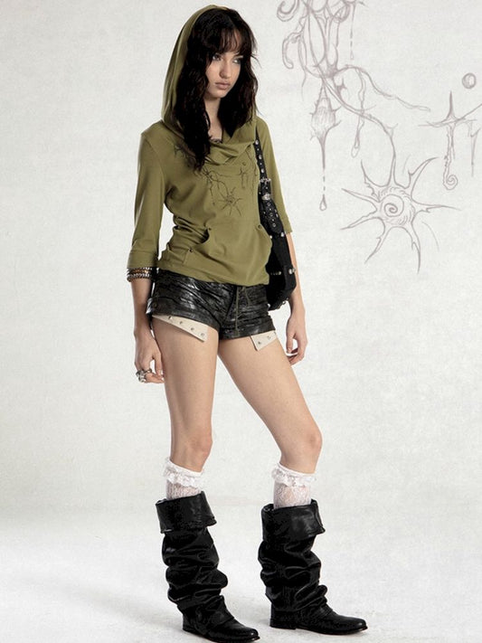 Hooded Mid Sleeve Hand Painted Mystic Sea Shell Print T-Shirt【s0000008476】