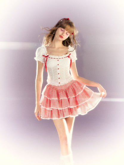 Red and White CHECKERED BOW LACE SET [S0000009315]