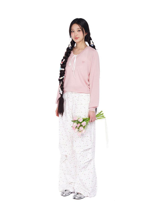 Wheat ears embroidery label soft V-neck loose long-sleeved jumper【s0000008614】