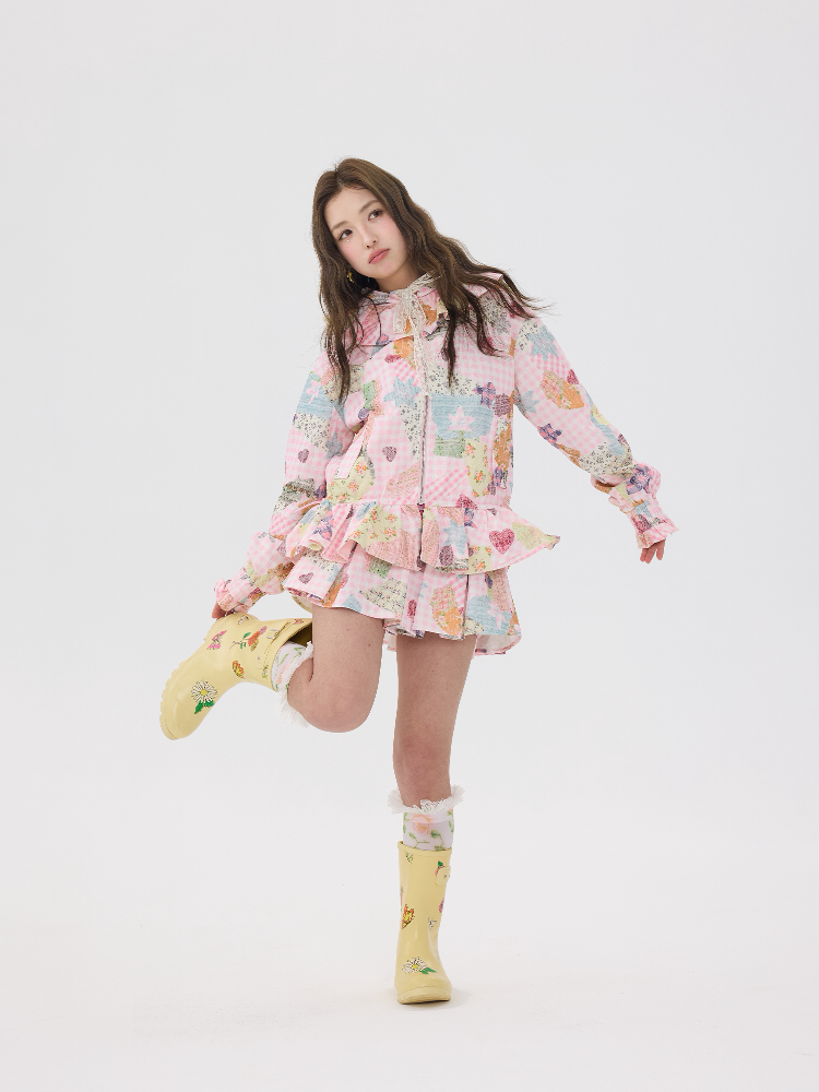 Pink Lace Print Collar Coat Suit【s0000016192】