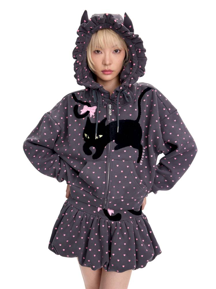 Black Cat Embroidered Cat Ear Hoodie Jacket【s0000014422】