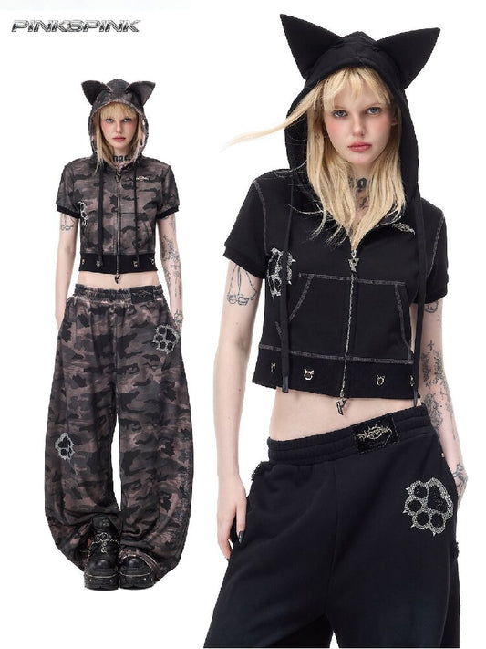Cat Ear Rhinestone Camo Hoodie【s0000017721】