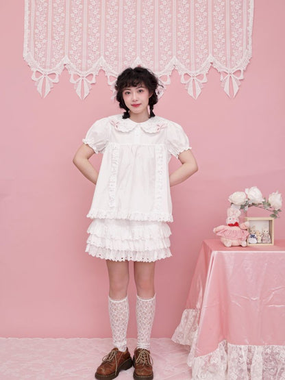 Doll collar puff sleeve lace shirt【s0000012852】