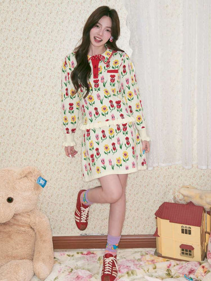 Cartoon Flower Knit Skirt Set【s0000014503】