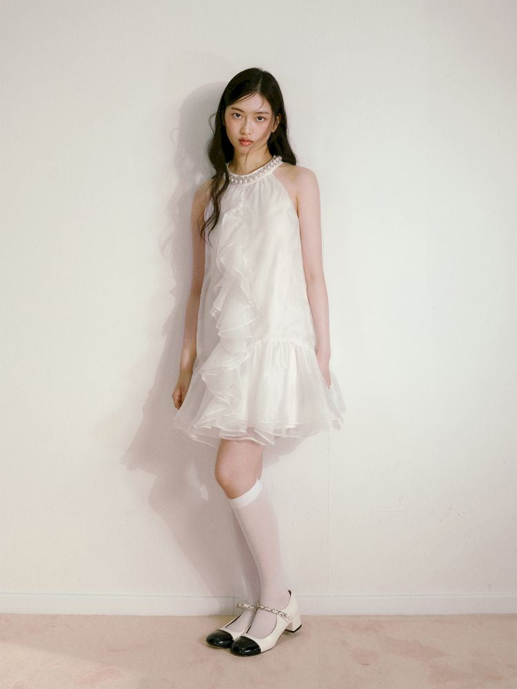 Bow Pearl Neckline Pom Pom Dress【s0000013243】