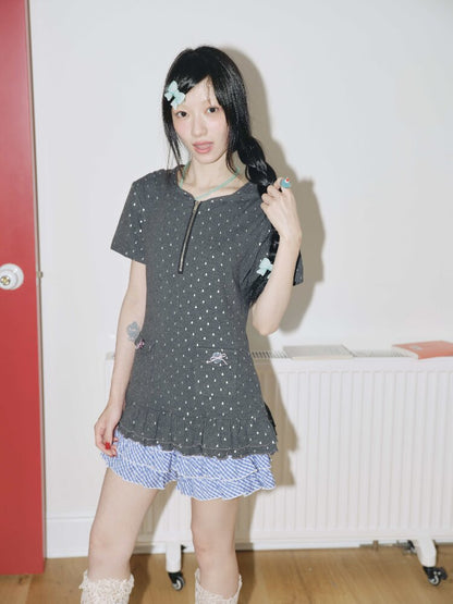 Silver Foil Raindrop Navy Neck Top【s0000018703】