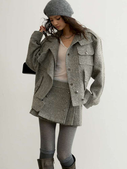 Herringbone Woolen Silhouette Jacket【s0000015193】