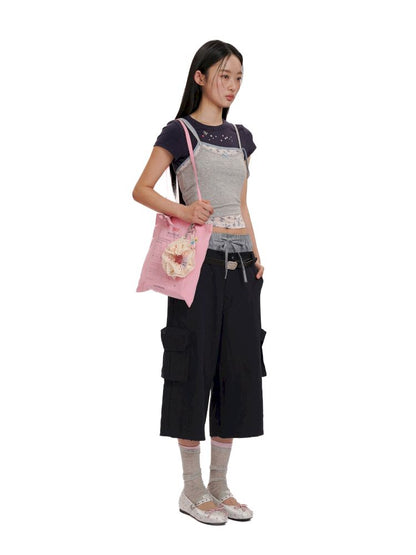 Lace satin bow short-sleeved T-shirt【s0000012504】