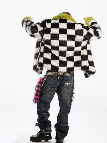 Checkerboard Patchwork Faux Coat【s0000019278】