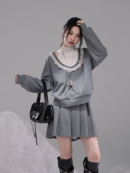 U-neck Sweatshirt Pleated Skirt Set【s0000015742】