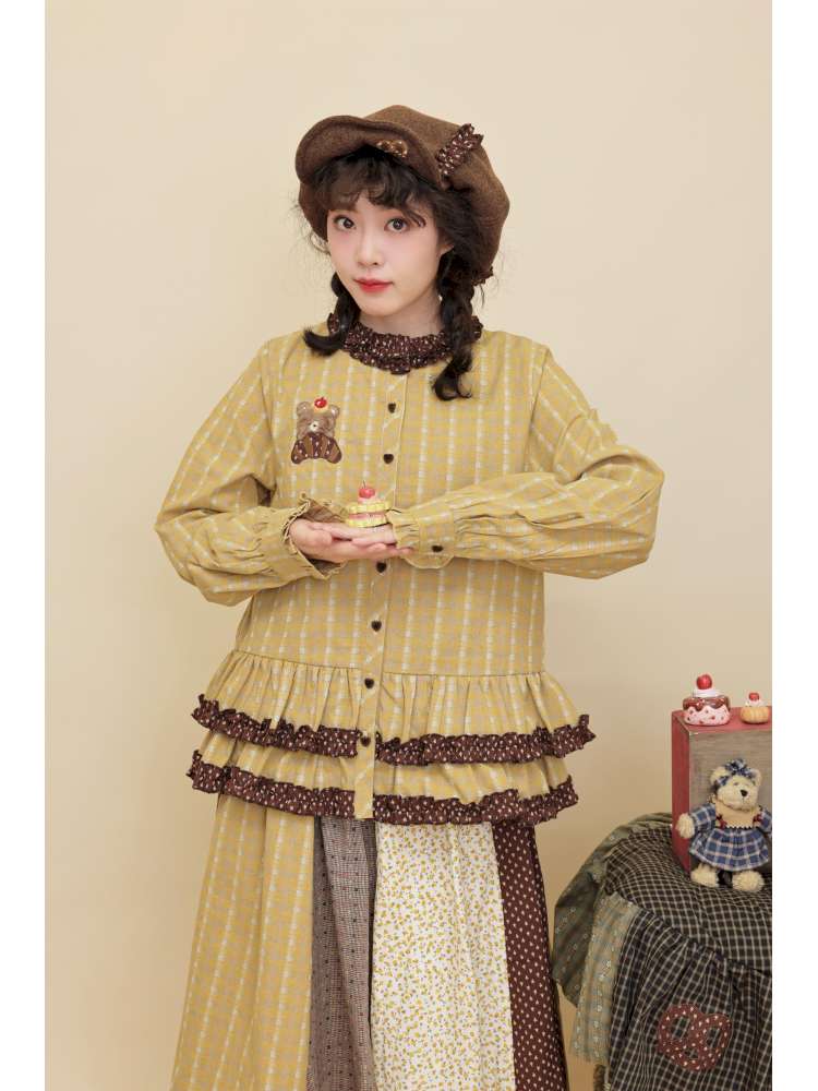 Vintage Girly Lace Bear Turmeric Shirt【s0000014839】