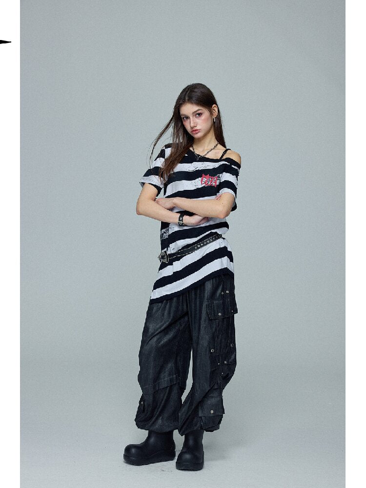 Striped Graffiti Print Loose Top【s0000016696】