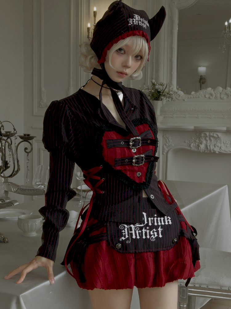 Lace-Up Striped Puff-Sleeve Lantern Skirt Shirt【s0000014435】