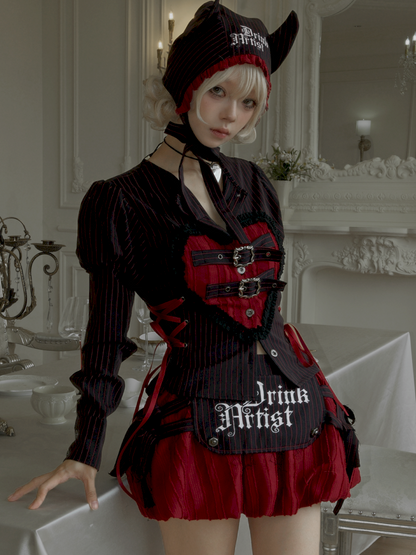 Lace-Up Striped Puff-Sleeve Lantern Skirt Shirt【s0000014435】