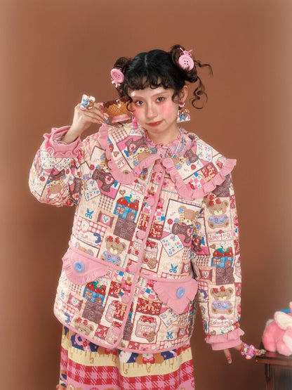 Pink Patchwork Printed Quilted Jacket【s0000015586】