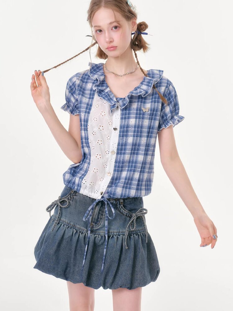 Plaid Splicing Hollow Shirt【s0000016618】
