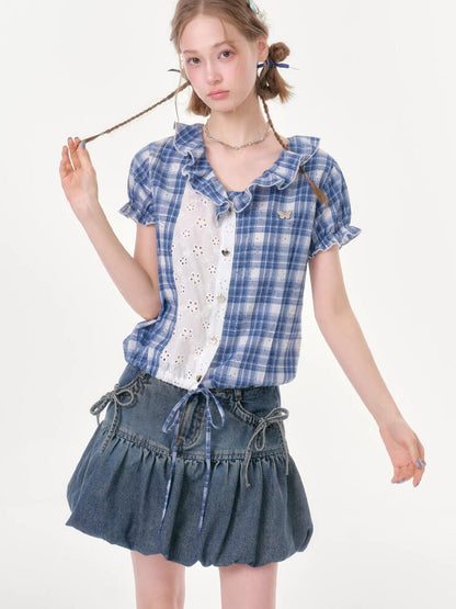 Plaid Splicing Hollow Shirt【s0000016618】