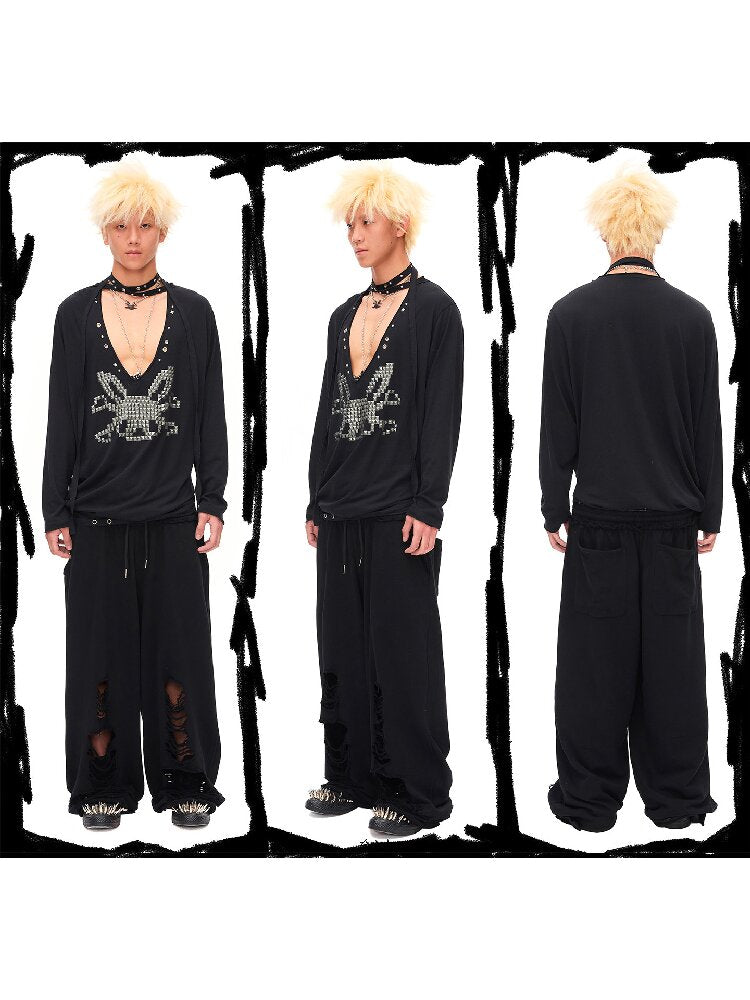 Studded Rabbit Skull Pleated Top【s0000016489】