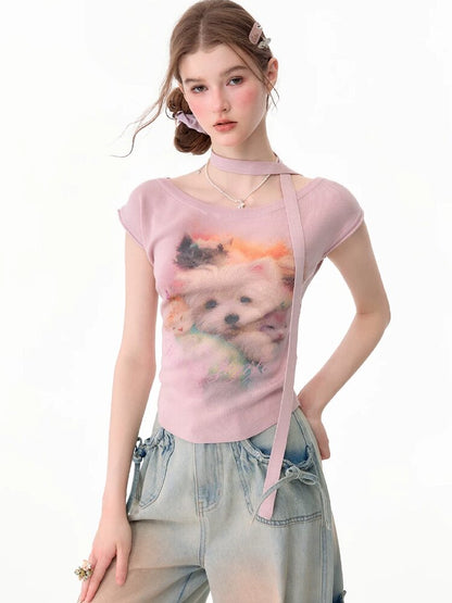 Puppy Print Slim Knitted Short T【s0000017671】